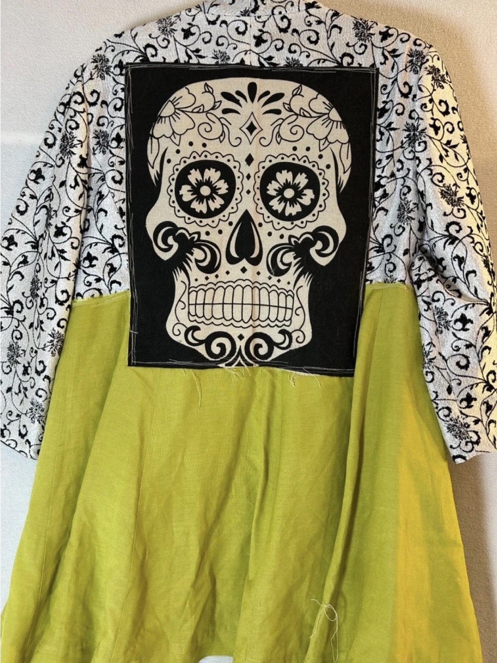 Upcycled One-Of-A-Kind Chartreuse, White & Black Floral Patch Jacket - Picture 3 of 3